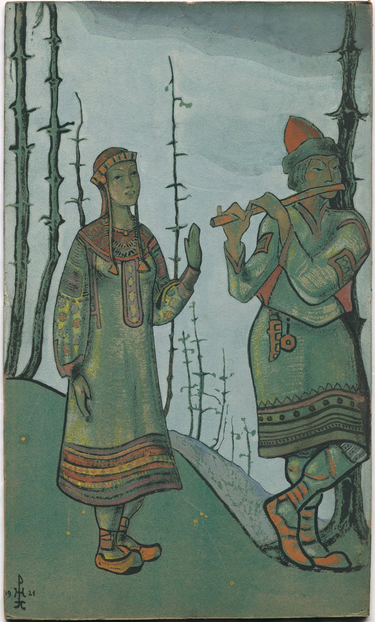 Snegurochka और Lel, रिमस्की-कोर्साकोव के ओपेरा "Snegurochka" के लिए पोशाक डिजाइन, 1921 द्वारा निकोलस रोएरिच
