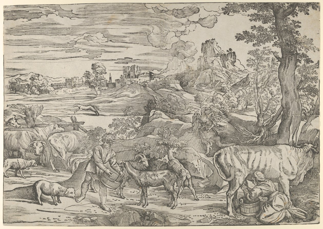 दाईं ओर एक दूधवाली और बाईं ओर एक लड़के के साथ लैंडस्केप, ca. 1535-40।, सीए। 1535-40। द्वारा निकोलो बोल्ड्रिनी