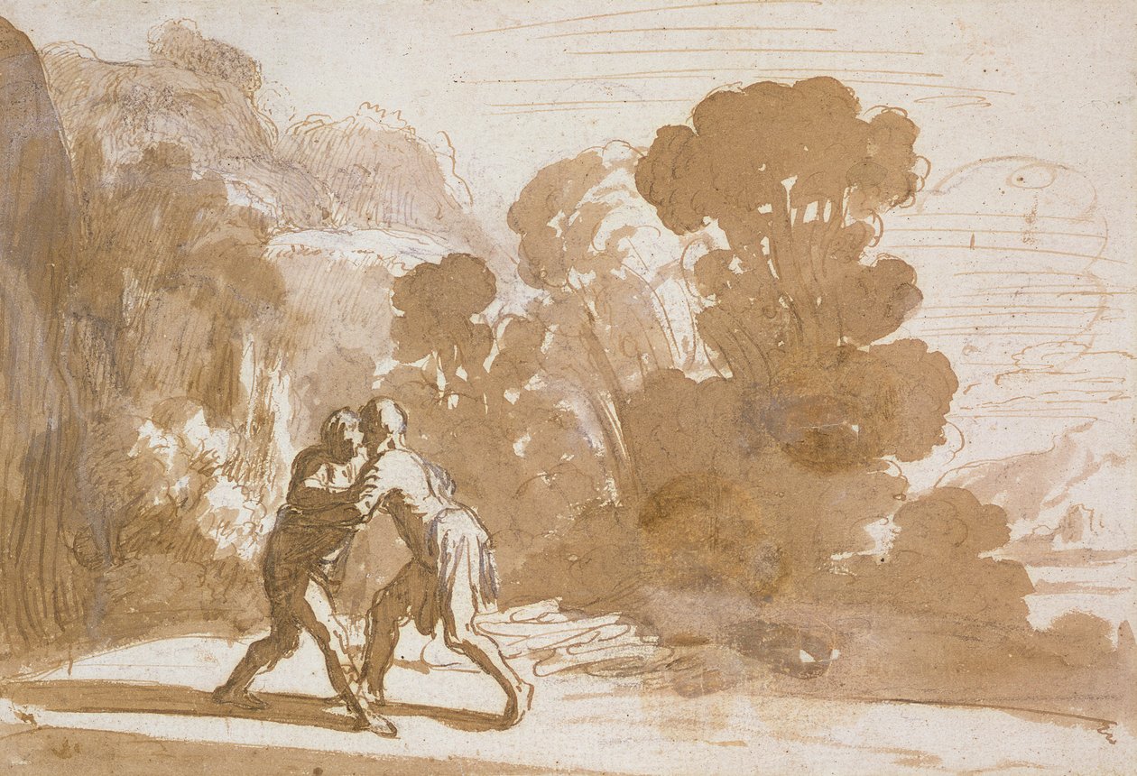 No.3192 एक परी के साथ याकूब कुश्ती, c.1605-10 (कलम और स्याही से धोएं) द्वारा निकोलास कॉर्नेलिसज़ मोएएर्ट