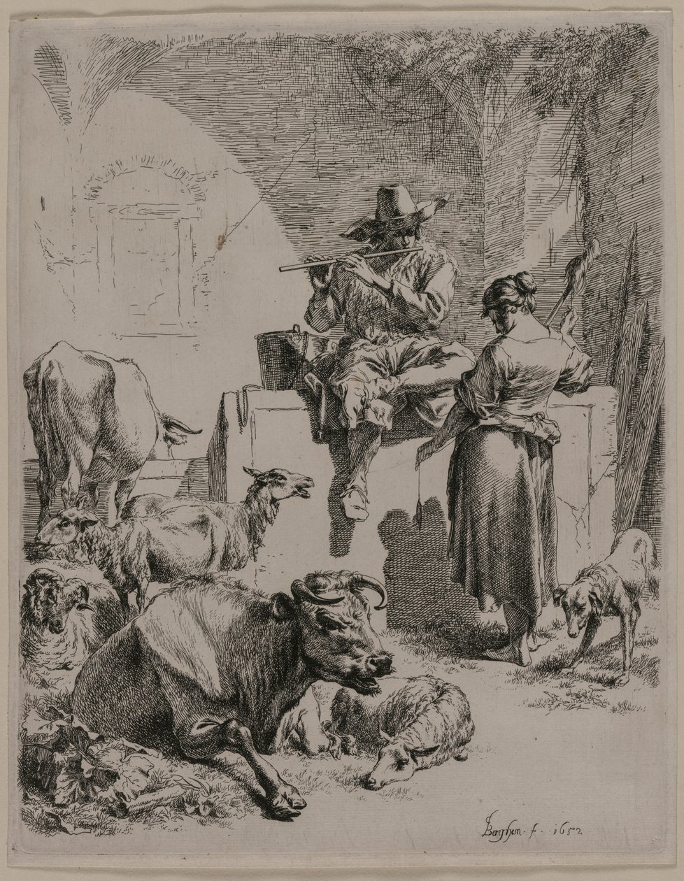 पाइपिंग शेफर्ड, 1652। द्वारा निकोलास पीटरसन। Berchem