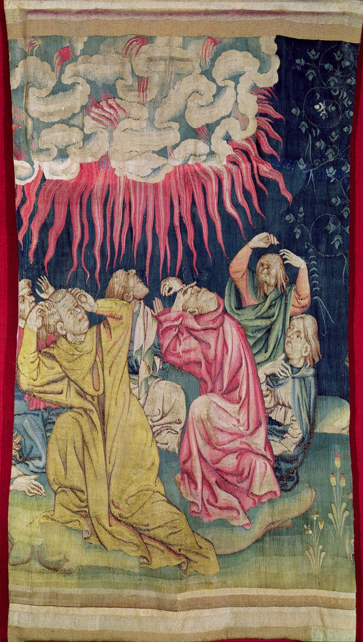 फोर्थ एंजल ने सूर्य पर अपना बाउल डाला, the एप्कोलॉजी ऑफ एंजर्स ’, 1373-87 (टेपेस्ट्री) में no.60। द्वारा निकोलस बातिल