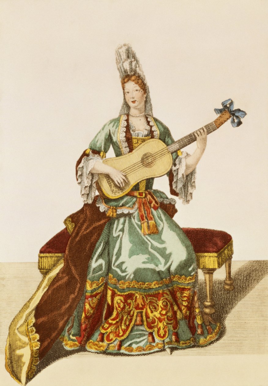 लेडी ऑफ क्वालिटी प्लेइंग द गिटार, फैशन प्लेट, c.1695 द्वारा निकोलस बोनार्ट