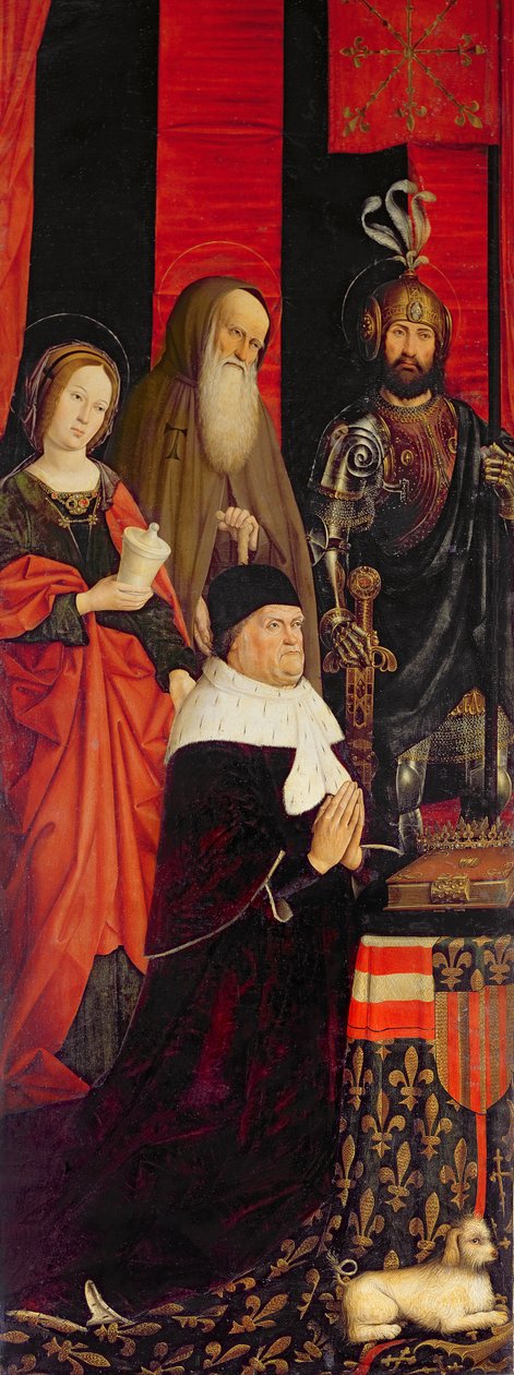 ट्राइसाइकिल ऑफ मूसा एंड द बर्निंग बुश, बायाँ पैनल जिसमें मैरी मैग्डलीन, सेंट एंथोनी और सेंट मौरिस के साथ रेने I डी&39;एनजॉ (1409-80) को दर्शाया गया, c.1476 (26542, 173010 und 23941 देखें) द्वारा निकोलस फ्रॉमेंट