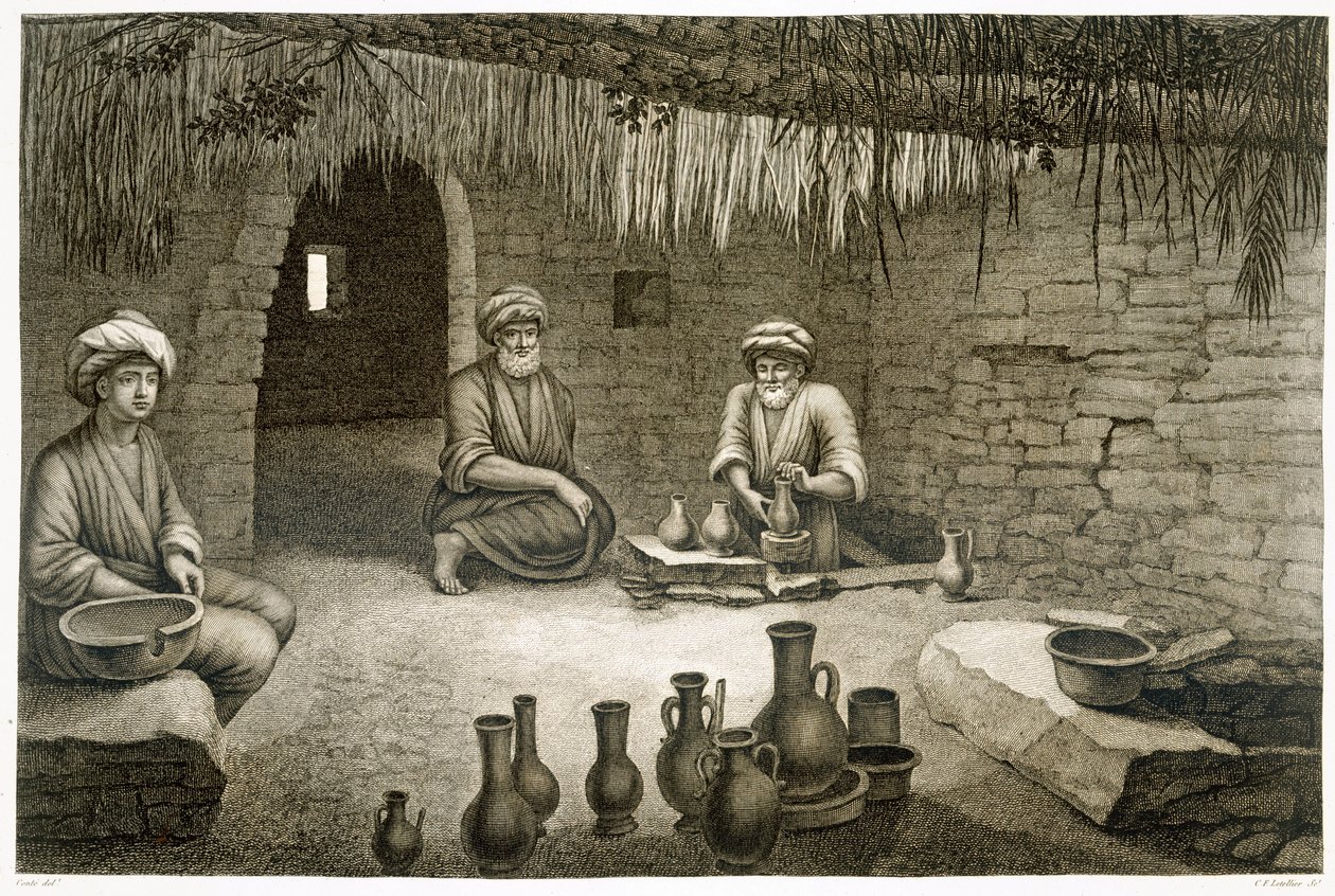 वॉल्यूम पॉर्ट्स वर्कशॉप का इंटीरियर, वॉल्यूम II आर्ट्स और ट्रेड्स ऑफ &39;मिस्र का विवरण&39; से, जिसे सीएफ लेटलियर, पब द्वारा उकेरा गया था। नेपोलियन के आदेश के तहत, 1822 द्वारा निकोलस जैक्स कॉन्टे