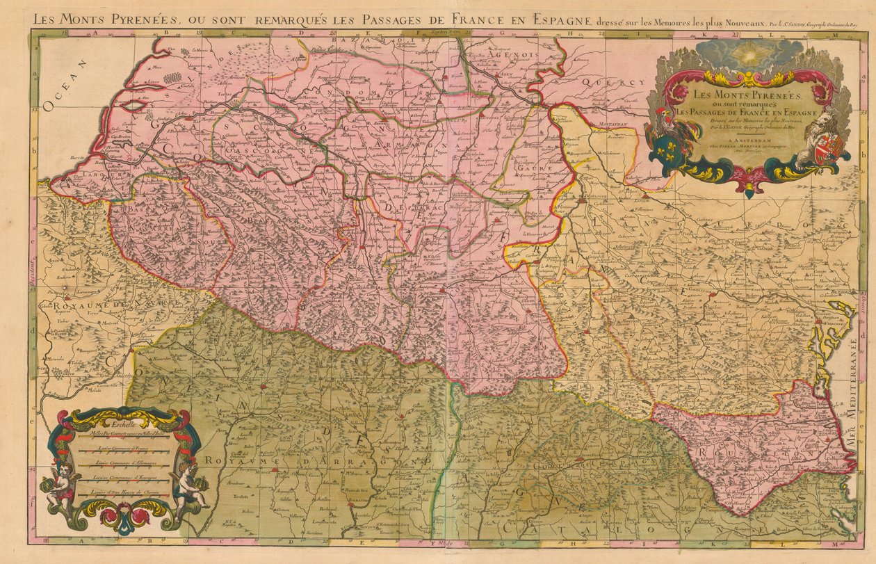 दोनों देशों के बीच पहाड़ों को पार करते हुए फ्रांस और स्पेन के बीच Pyrenees पहाड़ और अंतर्राष्ट्रीय सीमा। द्वारा निकोलस सेन्सन