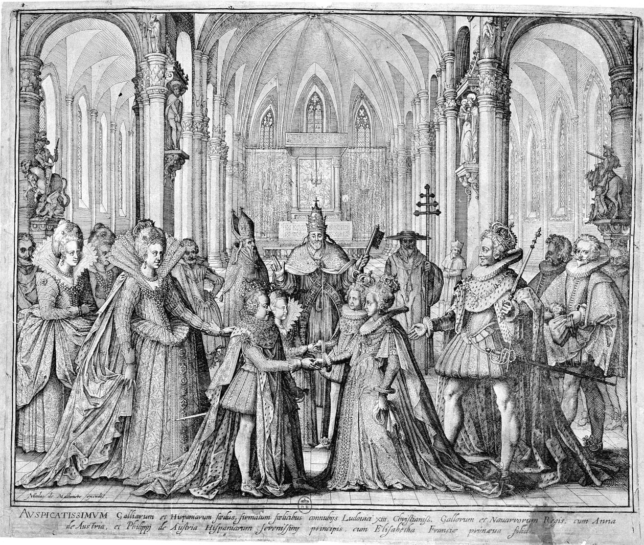 लुईस तेरहवें (1601-43) की 1615 में ऑस्ट्रिया के एनी (1601-66) और ऑस्ट्रिया के फिलिप (1605-65) के डबल मैरिज में फ्रांस के एलिजाबेथ (1602-44) के स्पेन के भावी फिलिप IV द्वारा निकोलस डी मथोनीरे