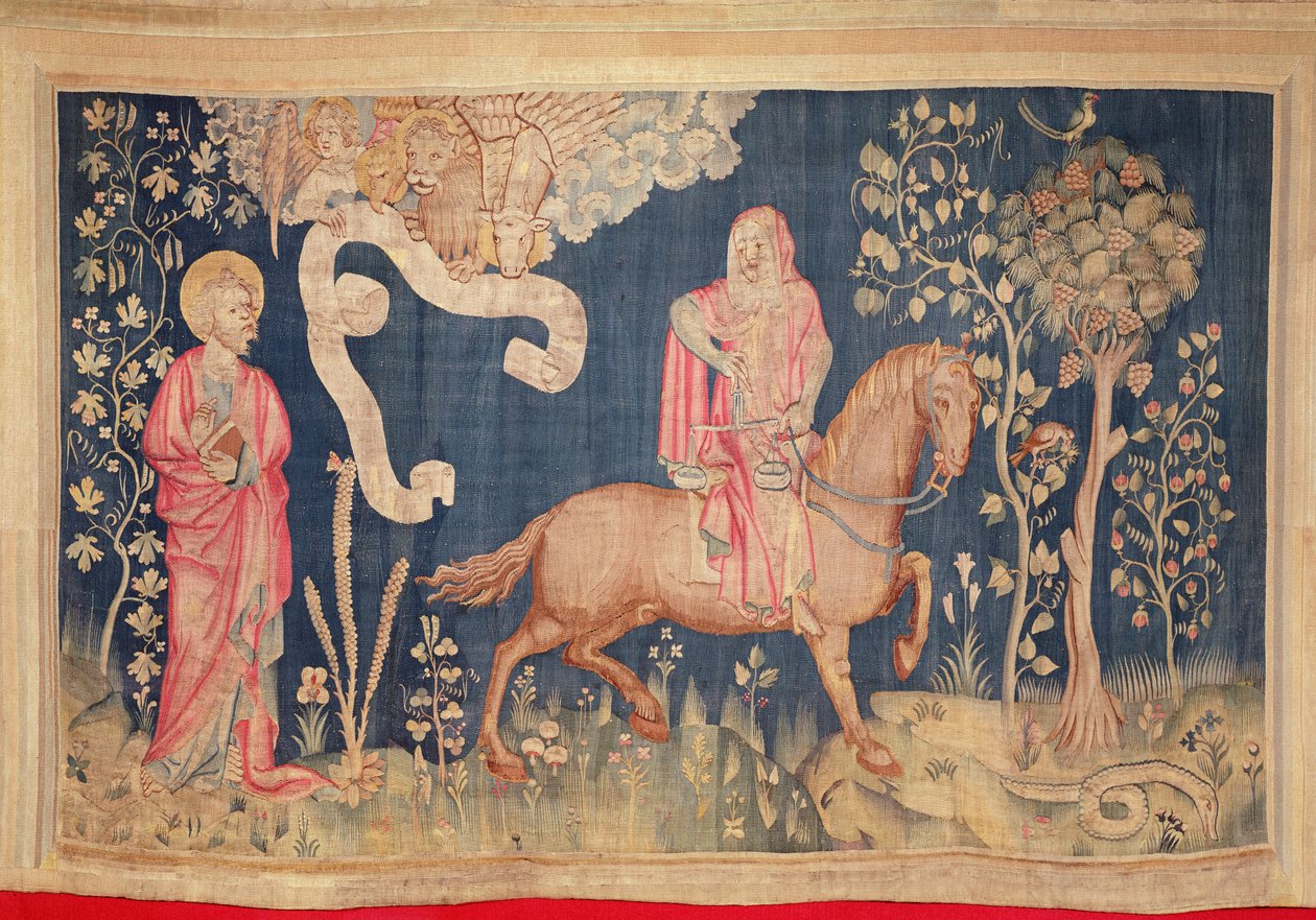 1373-87 (टेपेस्ट्री) के एपोकैलिप्स टेपेस्ट्री से काले घोड़े पर अकाल, द्वारा निकोलस बातिल