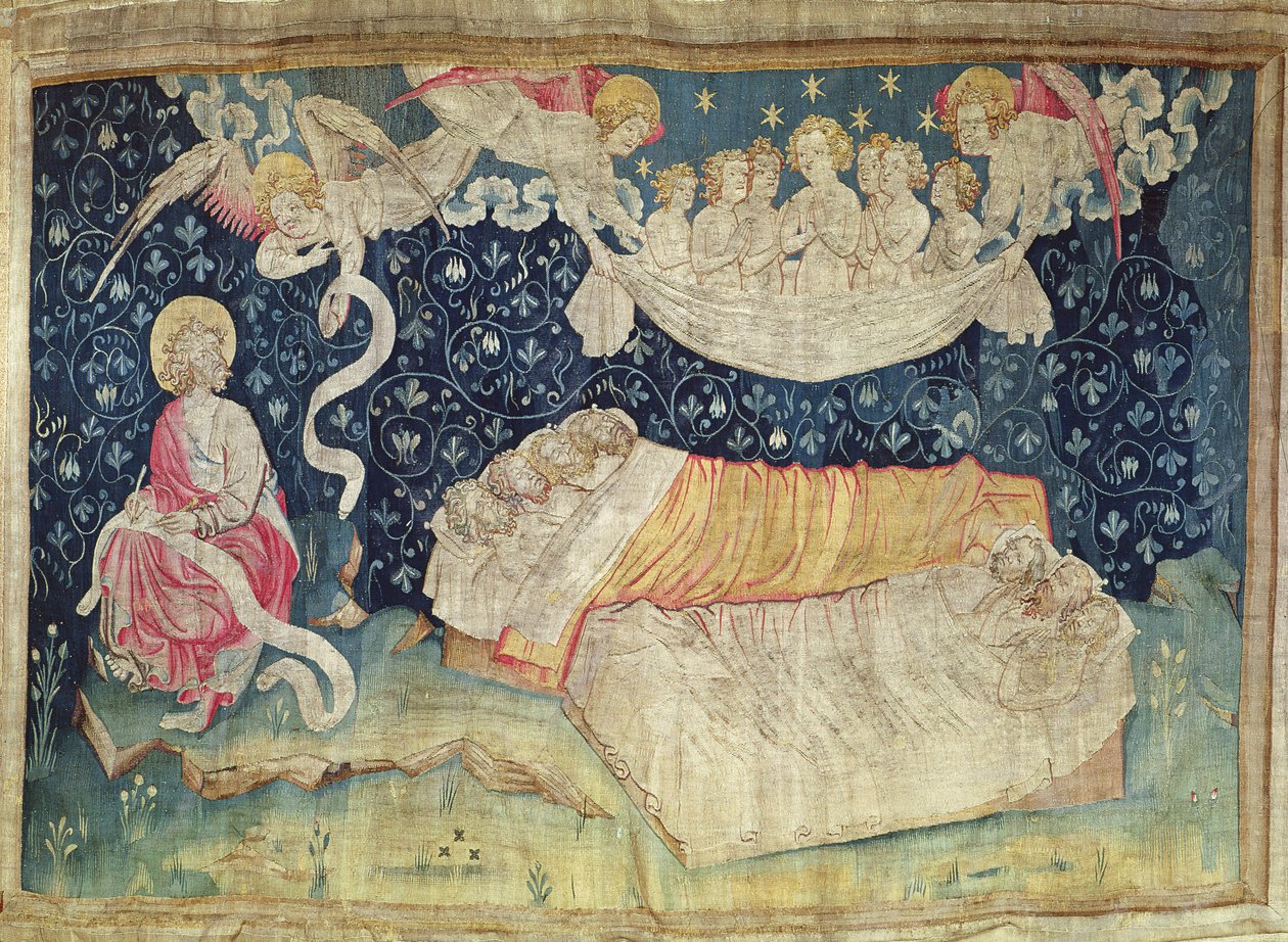 द स्लीप ऑफ़ द राईट, no.52 फ्रॉम &39;द एपोकैलिप्स ऑफ़ एन्जर्स&39;, 1373-87 (टेपेस्ट्री) द्वारा निकोलस बातिल