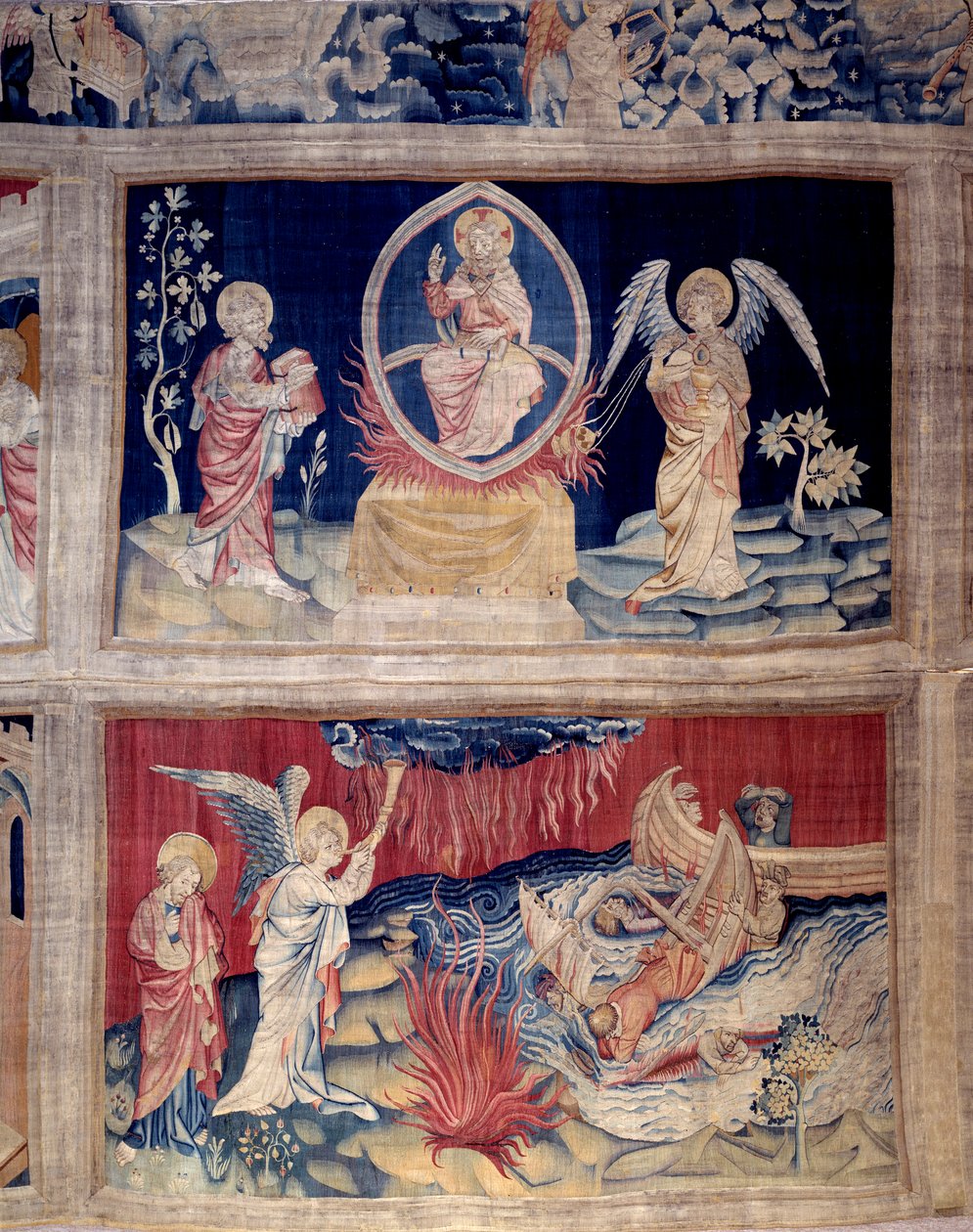 रहस्योद्घाटन का पर्दा (१३७३-१३८३), नहीं। १५ और १८: भगवान और सेंट जॉन जब आपदा देखते हैं तो रोते हैं। निकोलस बटैले द्वारा टेपेस्ट्री (1330-1405) द्वारा निकोलस बातिल