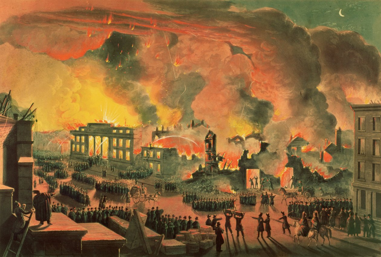 न्यूयॉर्क में महान आग का दृश्य, दिसंबर 16 -17 1835, विलियम जेम्स बेनेट (1787-1844) द्वारा उत्कीर्ण (रंग उत्कीर्णन) द्वारा निकोलिनो कैल्यो