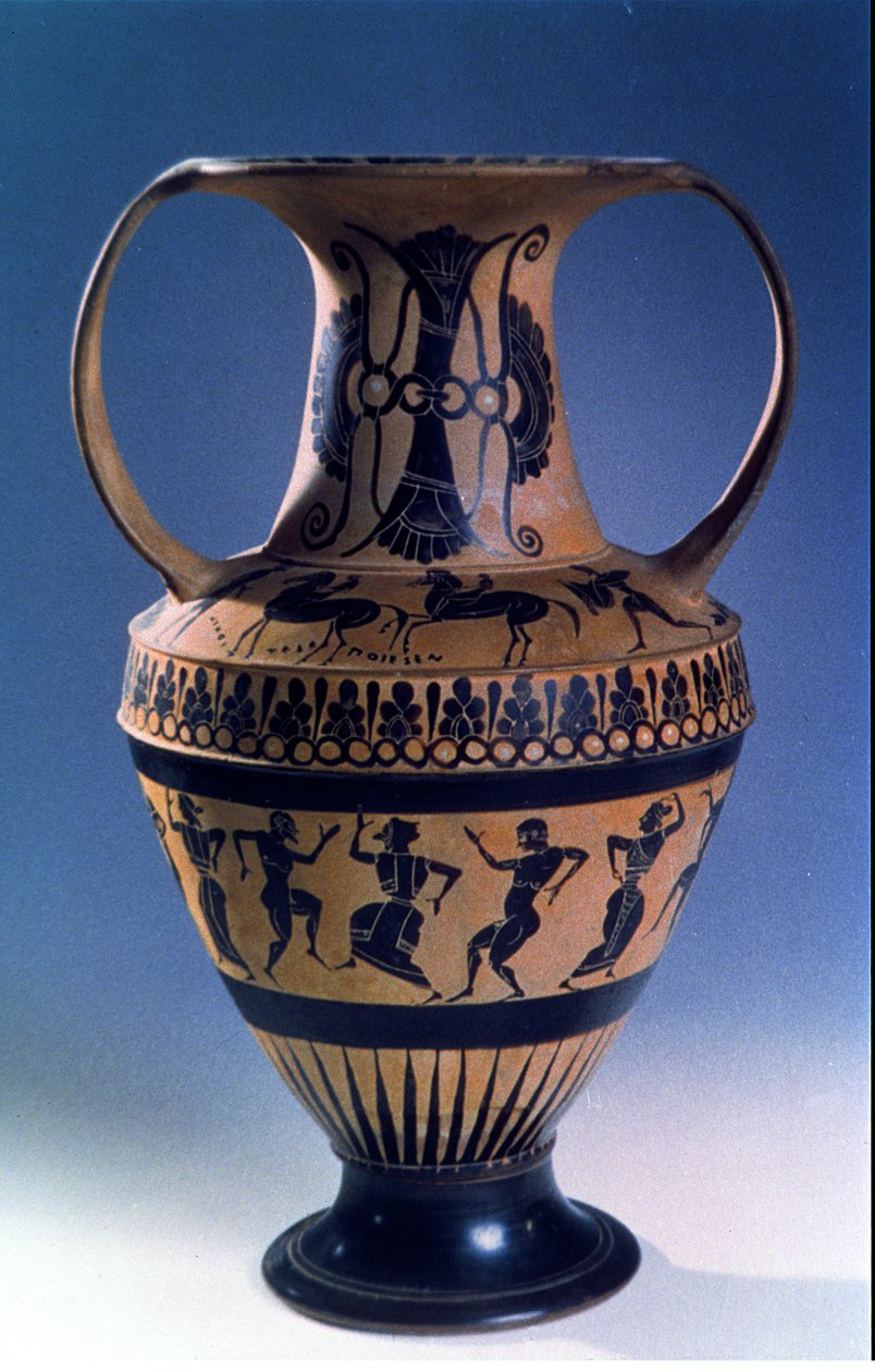 नर्तकियों का चित्रण करने वाला अटारी काली आकृति का अम्फोरा, c.535-38 ईसा पूर्व (मिट्टी के बरतन) द्वारा निको Demosthenes