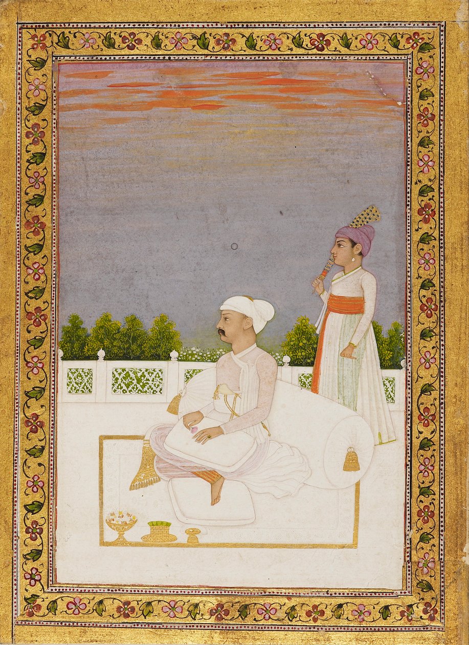 रईस, संभवतः मीर कासिम, परिचारक के साथ एक छत पर बैठा, 18वीं शताब्दी द्वारा निधम: