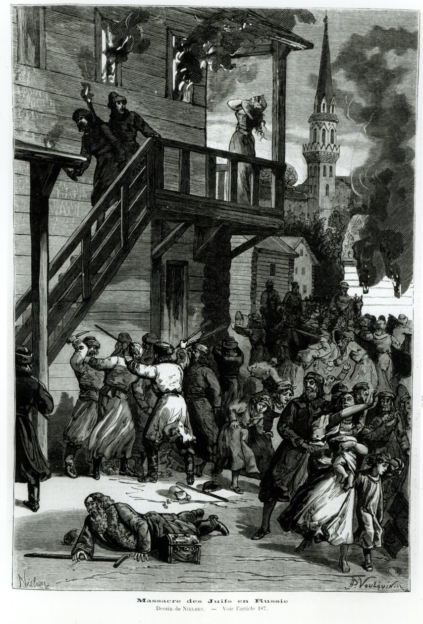 रूस में यहूदियों का वध, ले जर्नल इलस्ट्र्रे से गुस्ताव वौलकिन (fl.1880-90) द्वारा उत्कीर्ण, जून 1881 (bw फोटो) द्वारा नीलसन