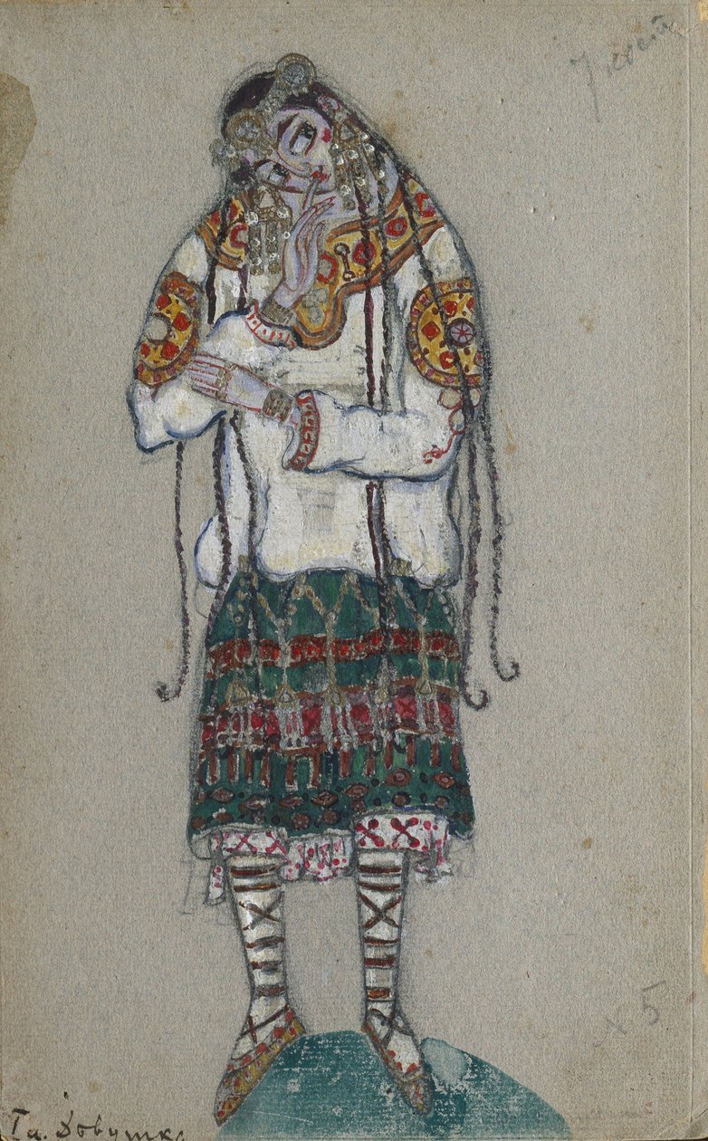 लड़की। आई। स्ट्राविंस्की, 1912 द्वारा बैले द रीट ऑफ़ स्प्रिंग ले सैक्रे डु प्रिंटेम्प्स के लिए कॉस्ट्यूम डिज़ाइन द्वारा निकोलाई कोन्स्टेंटिनोवाइट्स रोएरिच