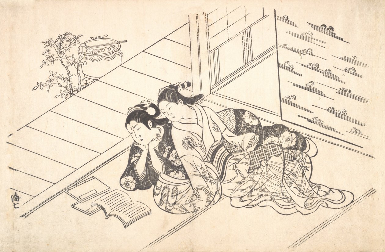 दो महिलाएँ एक कमरे के फर्श पर लेटी हुई और एक किताब पढ़ रही हैं, c. 1730., सीए। 1730. द्वारा निशिकावा सुकेनोबु