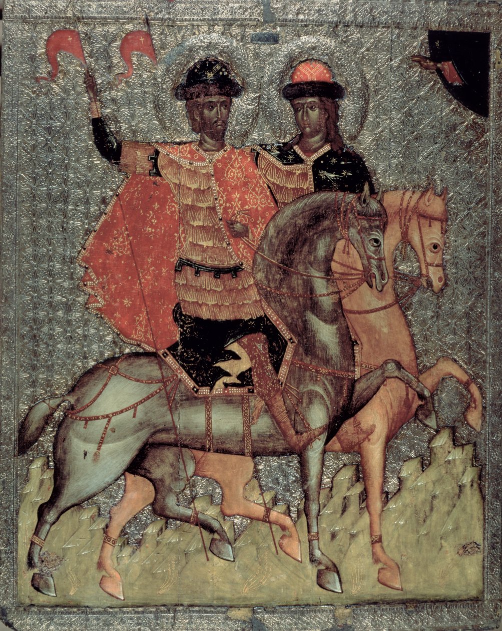 सेंट बोरिस और सेंट ग्लीब माउंटेड, c.1377 (पैनल पर तापमान) द्वारा नोवगोरोड स्कूल