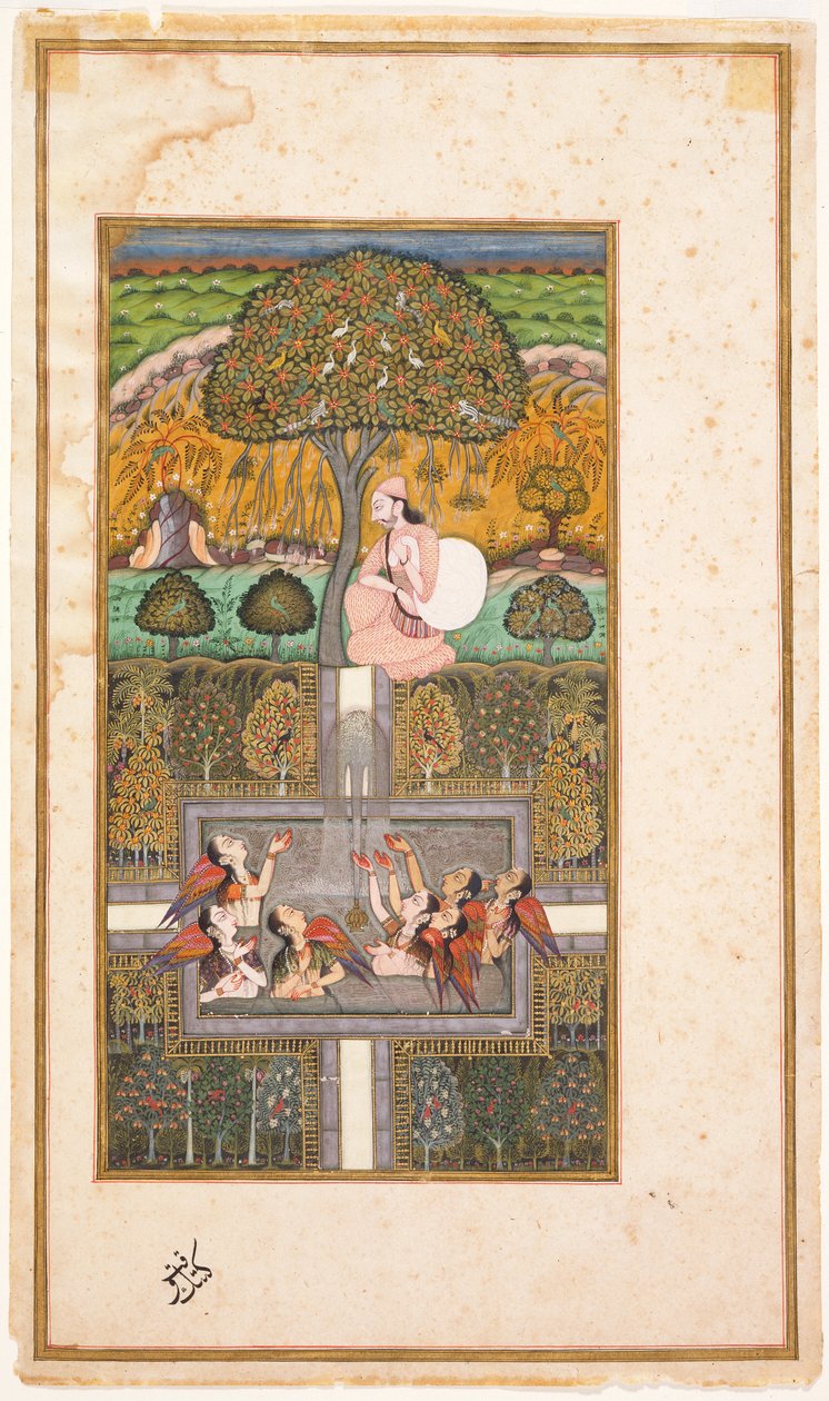 राजा बिक्रम और एन्जिल्स, गुलशम-ए-इश्क से चित्रण, c.1700 (कागज के साथ wc द्वारा बीजापुर का नुसरती