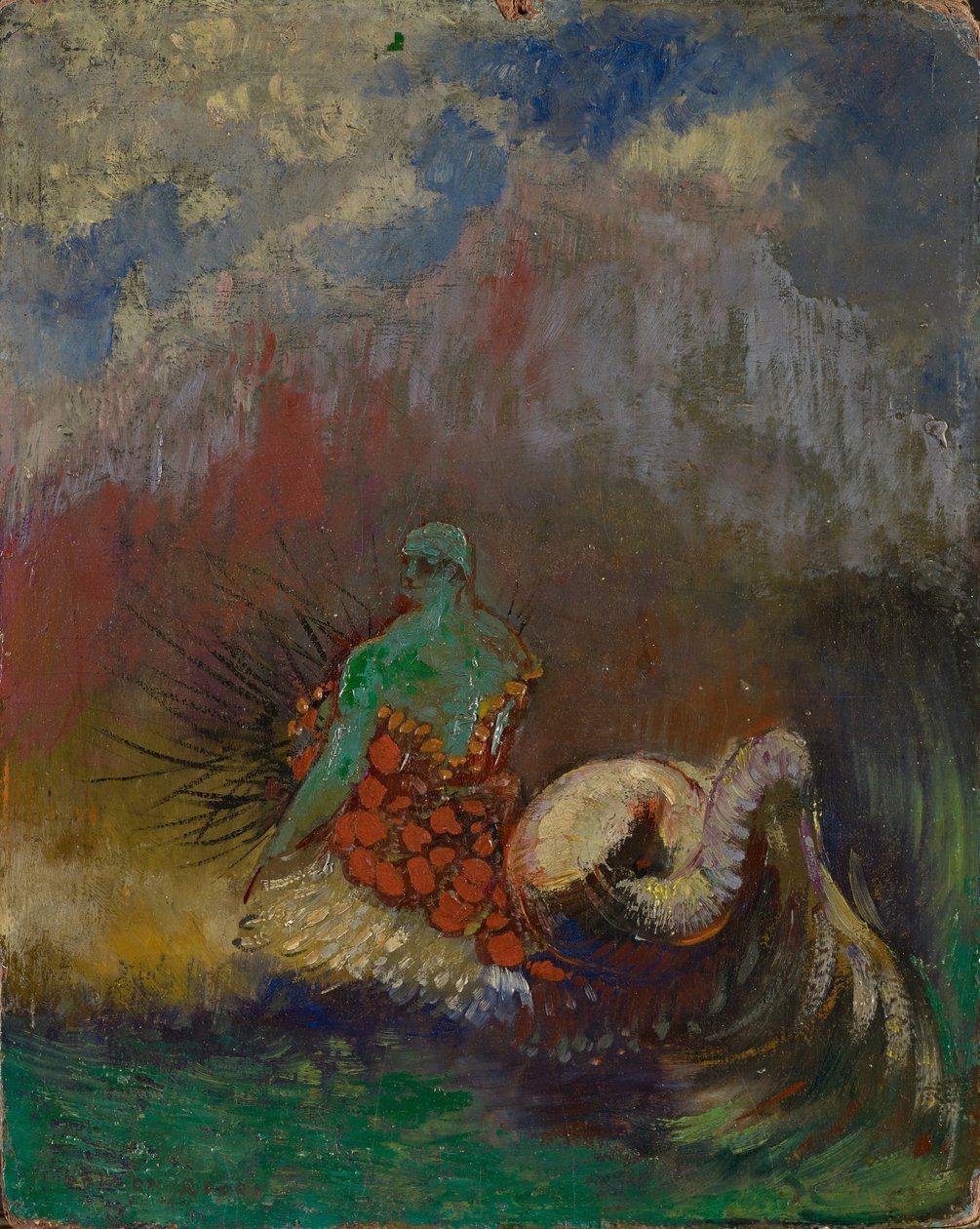 सायरन, c.1900 (फ़ाइबरबोर्ड पर तेल और सोने का पाउडर) द्वारा ओडिलोन रेडन