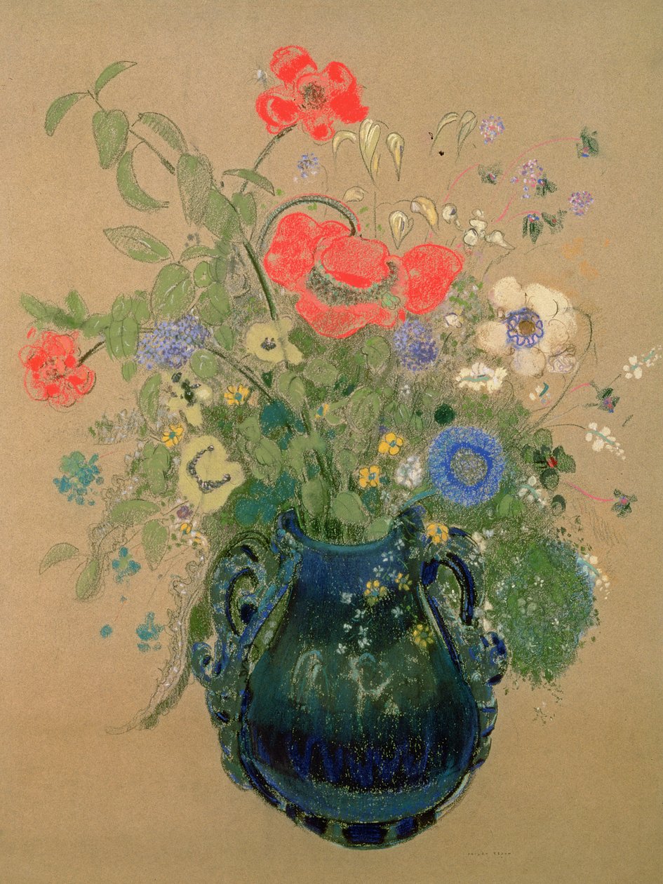 फूलों का फूलदान, c.1905-08 (कागज़ पर पेस्टल) द्वारा ओडिलोन रेडन