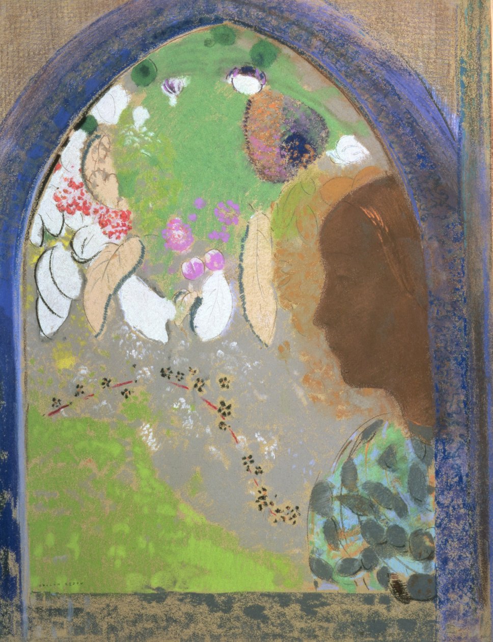 विंडो पर एक महिला की प्रोफाइल, c.1912 (कार्ड पर पेस्टल) द्वारा ओडिलोन रेडन