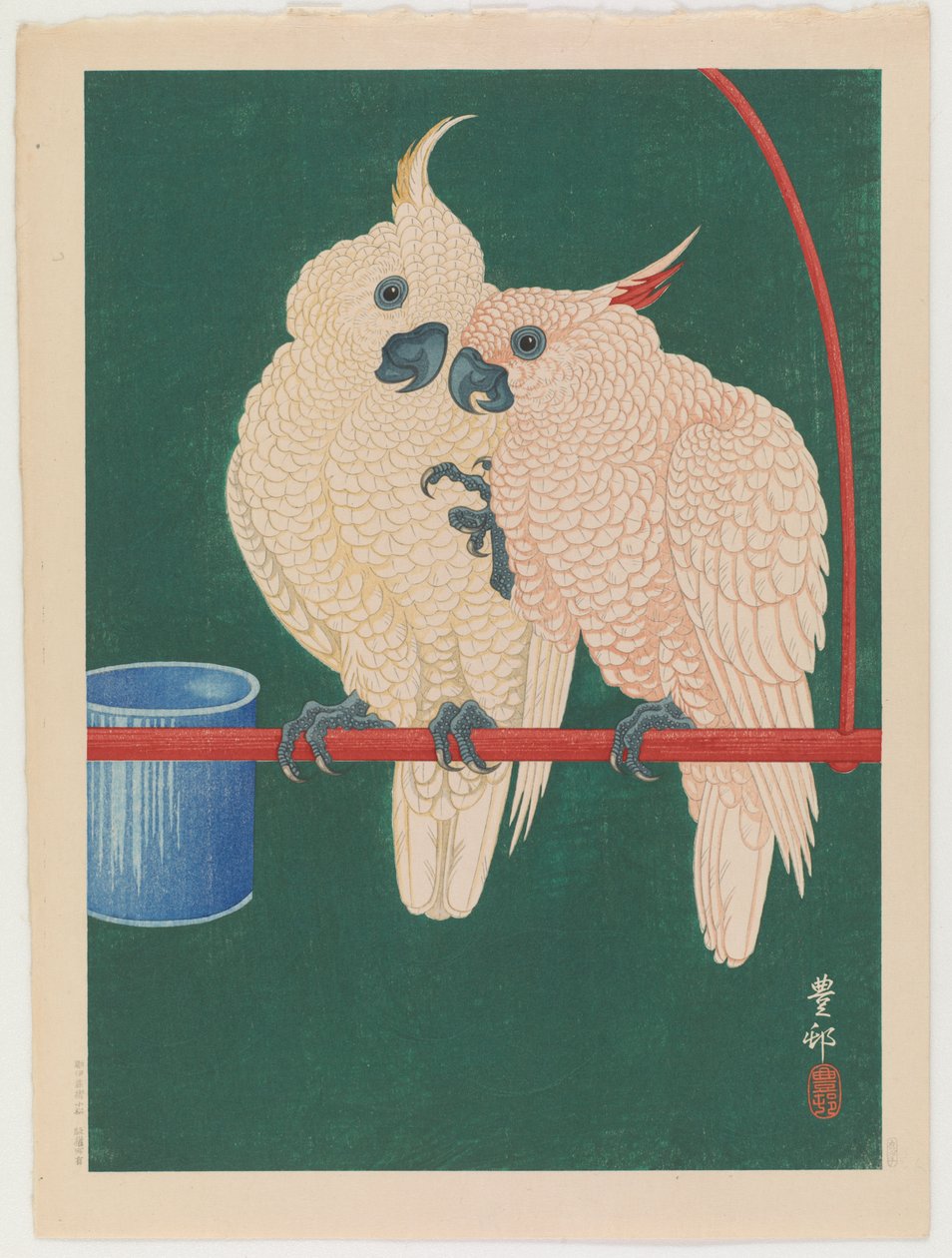 सफेद कॉकैटो की जोड़ी, c.1930 (कलर वुडब्लॉक प्रिंट) द्वारा ओहरा कोसों