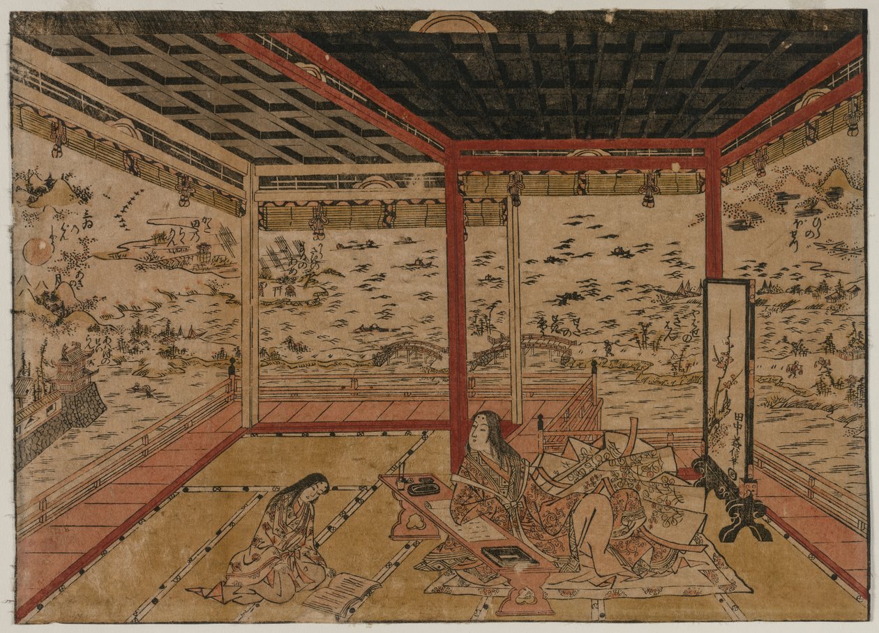 इशीयामा में लेडी मुरासाकी, 1740 के दशक की झील बिआवा के सात दृश्यों के साथ एक पैनोरमा को देखा। द्वारा ओकुमुरा मसानोबु