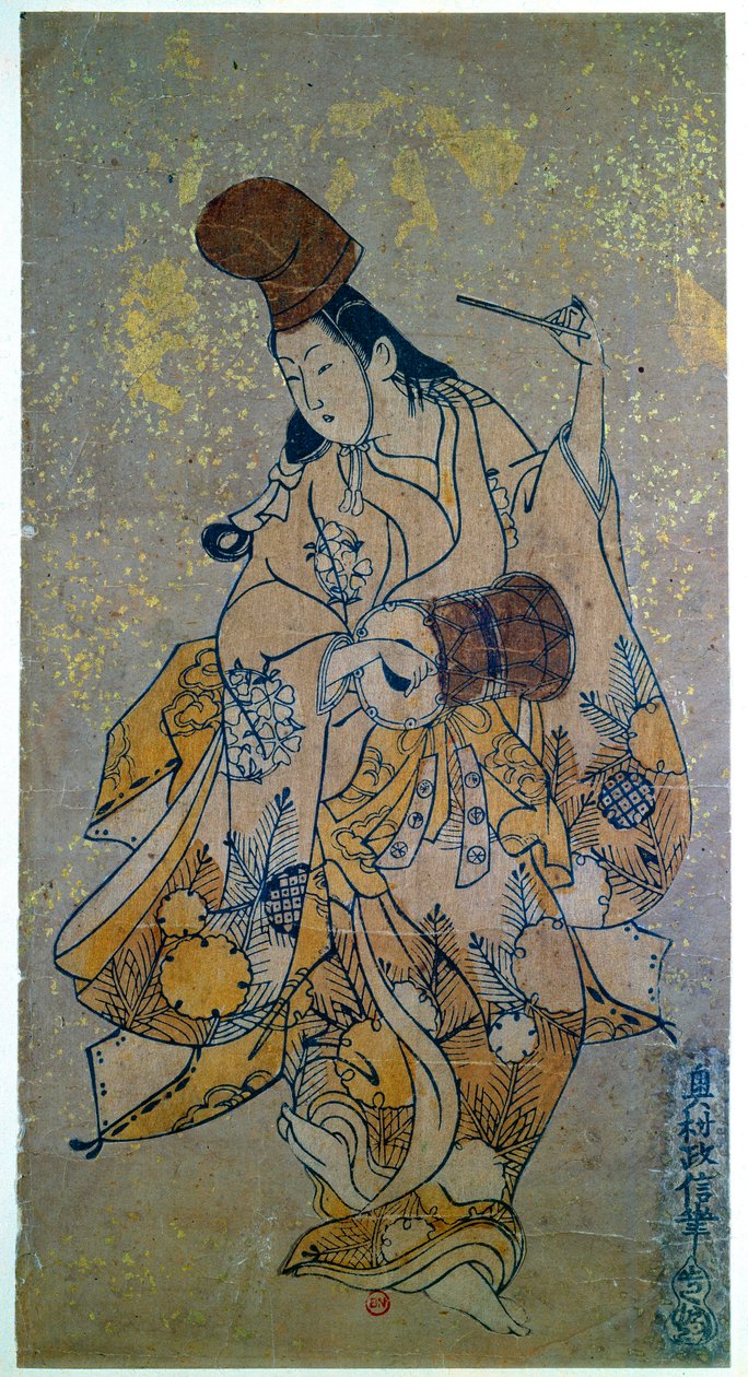 संगीतकार। ढोल बजाती महिला। ओकुमुरा मसानोबू द्वारा जापानी प्रिंट (1686-1764) द्वारा ओकुमुरा मसानोबु