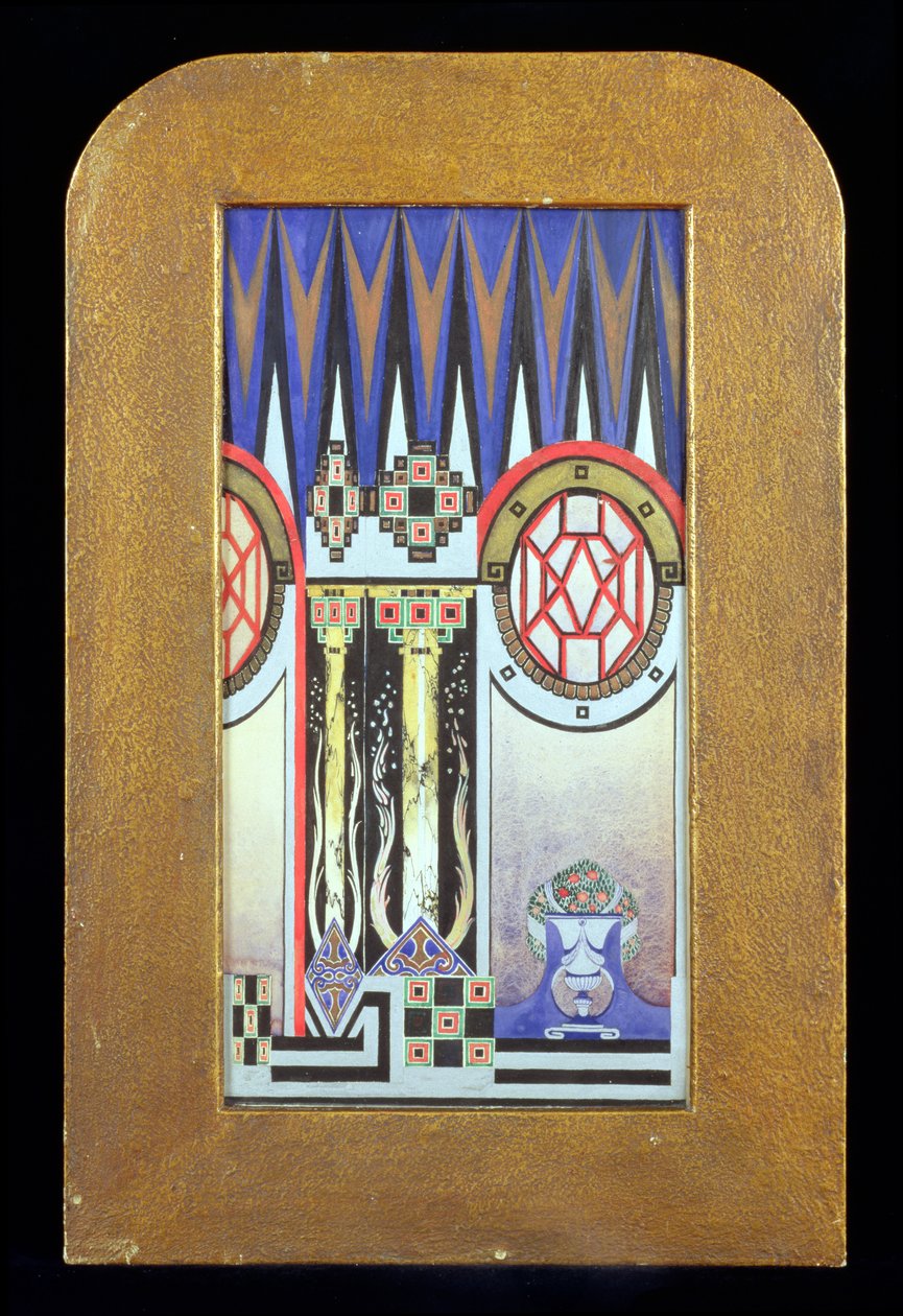 एक बूंद पर्दे के लिए डिजाइन, c.1930 (wc, gouache और धातु पेंट) द्वारा ओलिवर पर्सी बर्नार्ड