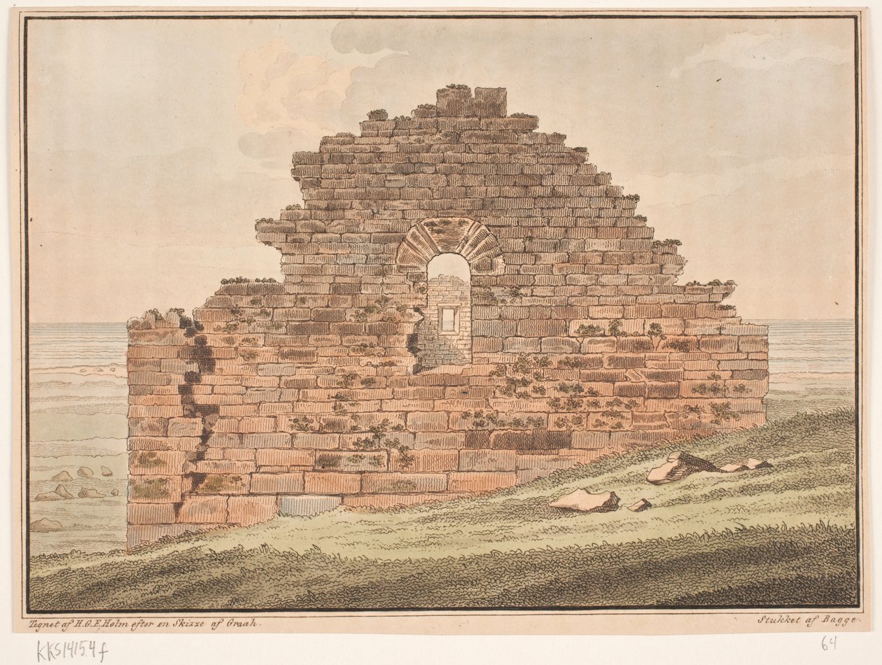 ग्रीनलैंड में चर्च के खंडहर। डब्ल्यूए ग्रेह के लिए चित्रण। ग्रीनलैंड के पूर्वी तट पर अनुसंधान यात्रा द्वारा ओलुफ़ ओल्फ़सेन बागे