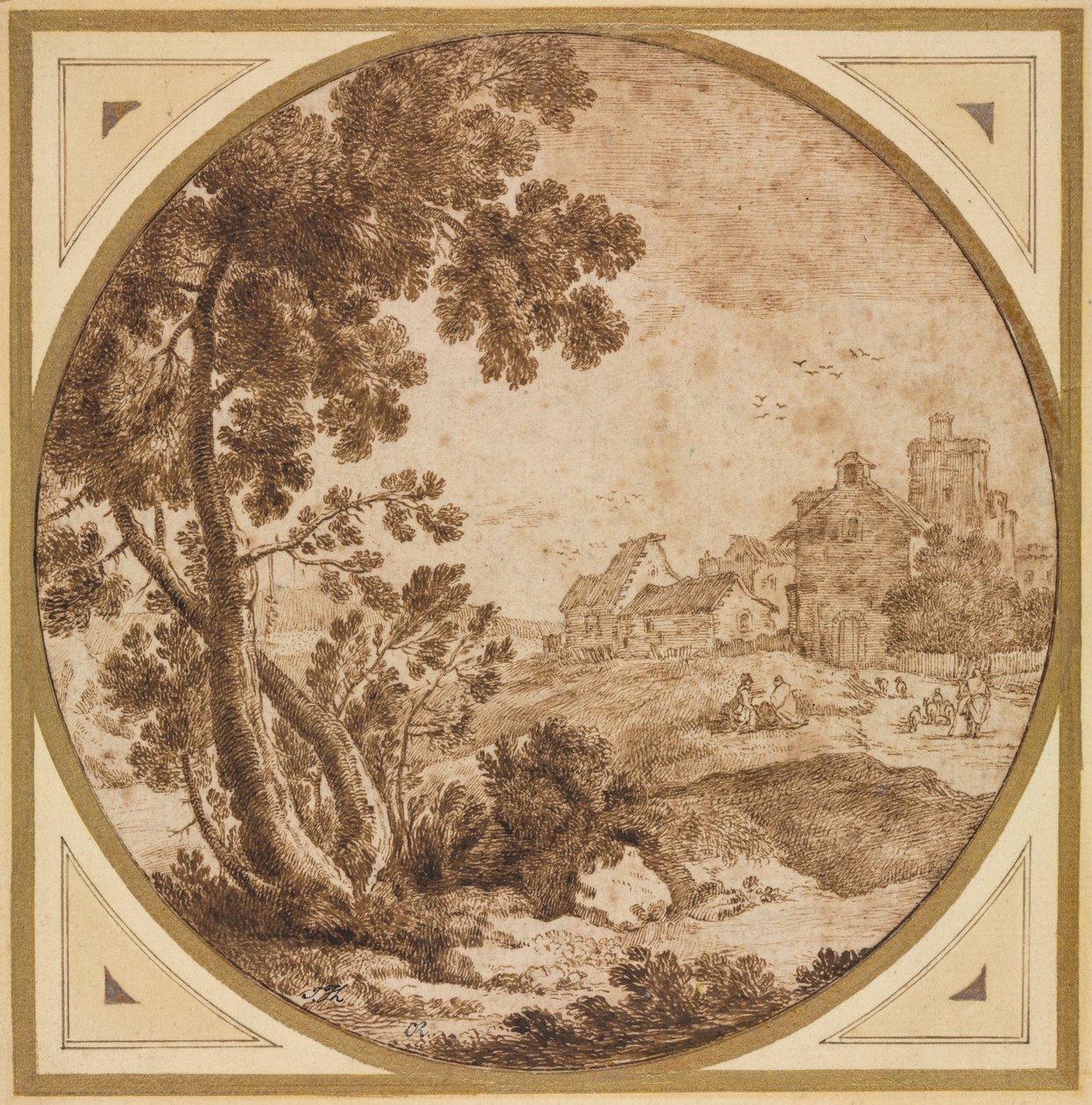 इमारतों और आंकड़ों के साथ लैंडस्केप, दूसरी छमाही 1600s। द्वारा ओनोरियो मारिनारी