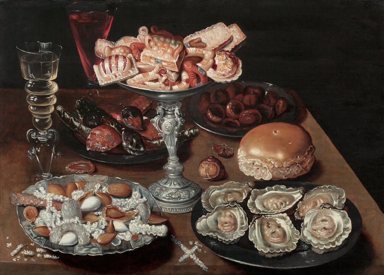 बादाम, कस्तूरी, मिठाई, अखरोट और एक लकड़ी की मेज पर शराब, c.1605-30 द्वारा ओसियस द एल्डर बर्ट