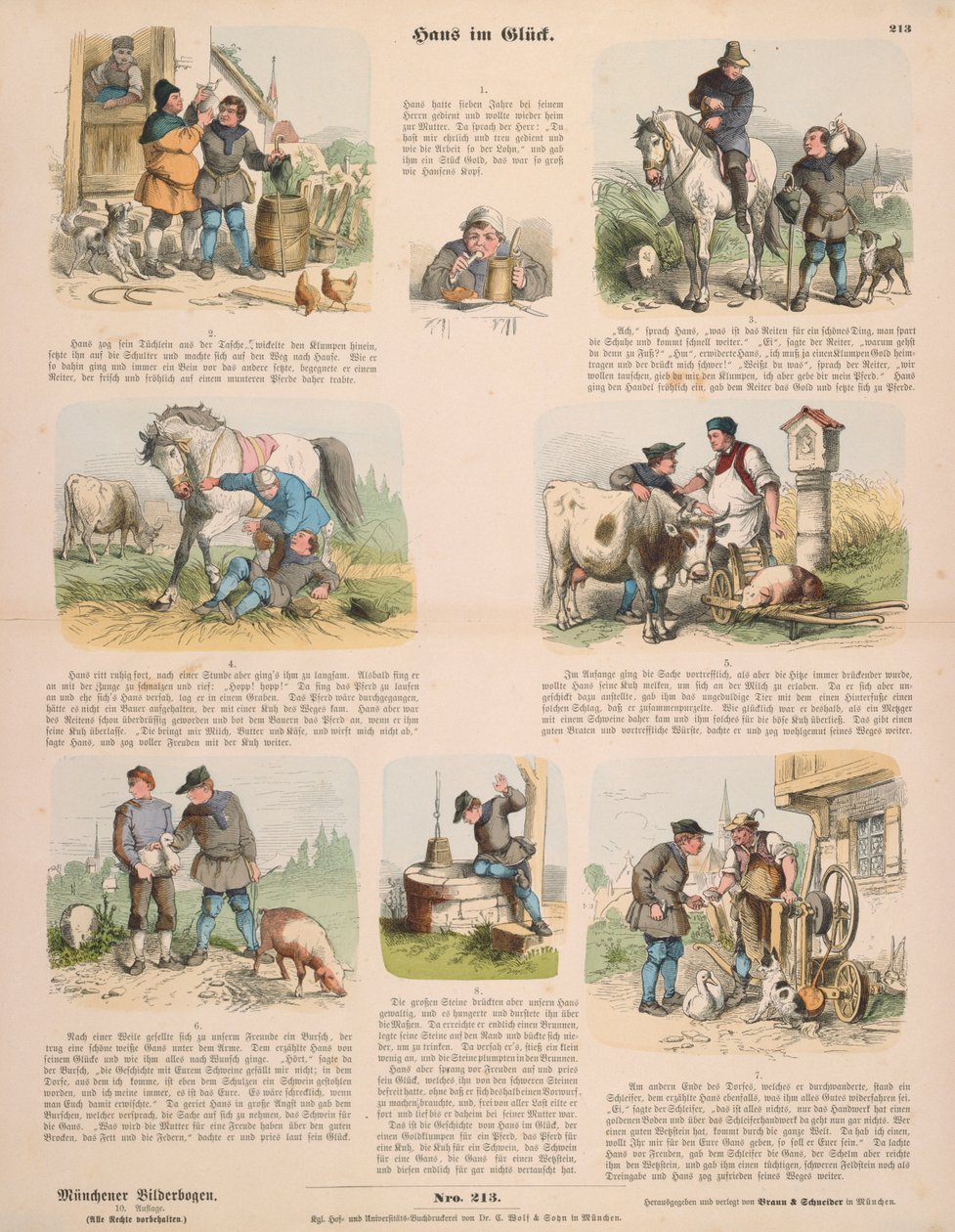 गस्ट वेइस, स्टटगार्ट, 1860 द्वारा प्रकाशित हस इन लक (ब्रदर्स ग्रिम के बाद) ब्रॉडशीट द्वारा Oskar Pletsch