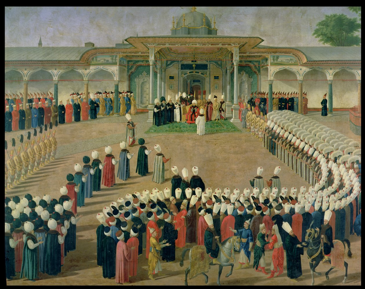 18 वीं शताब्दी के अंत में टोपकापी पैलेस में सुल्तान सेलिम III (1761-1807) के दरबार में स्वागत समारोह द्वारा ओटोमन स्कूल