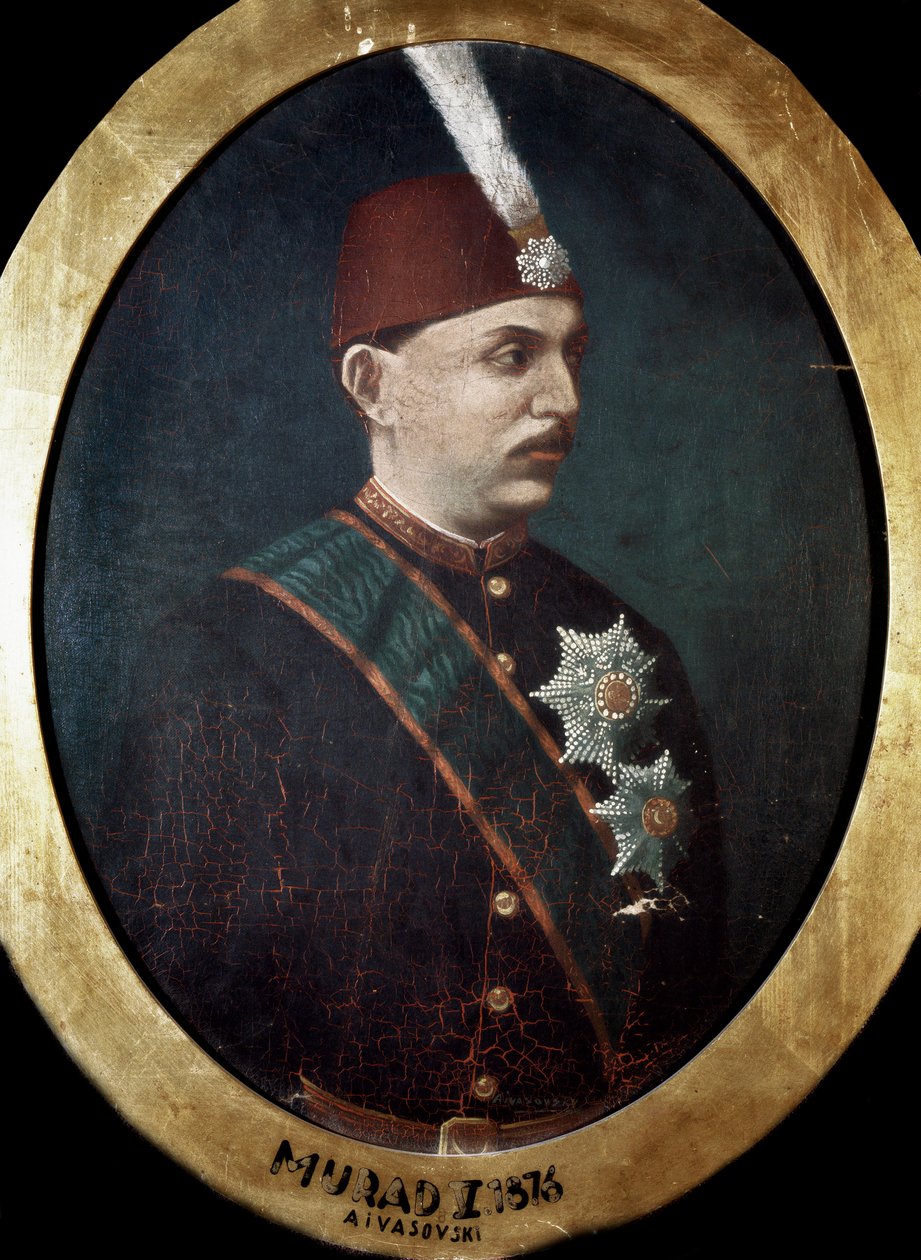 तुर्क साम्राज्य: सुल्तान मेहमेद मुराद वी (1840-1910) का चित्र "पेंटिंग। 1876. टोपकापी सराय इस्तांबुल पुस्तकालय द्वारा ओटोमन स्कूल