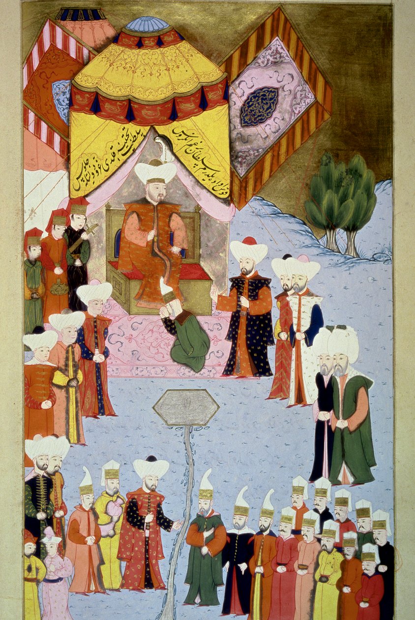 सुल्तान बायज़िद (या बजाजेट) I (1360-सीए। 1402) में लोकमैन के "हुनरनाम", वॉल्यूम से उनका लघु न्यायालय है। 1 (एच 1523, एफ.7) 1584 टोपकापी सराय संग्रहालय पुस्तकालय इस्तांबुल द्वारा ओटोमन स्कूल