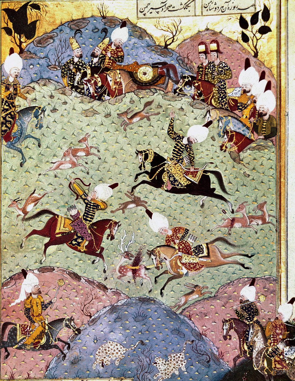 तुर्क सम्राट सोलीमन (सुलेमान) मैं शानदार (1494-1566) अरिफी (एमएस एच.1517) 1558 द्वारा 'सुलेमाननाम' से लघु शिकार शिकार। टोपकापी सराय इस्तांबुल द्वारा ओटोमन स्कूल