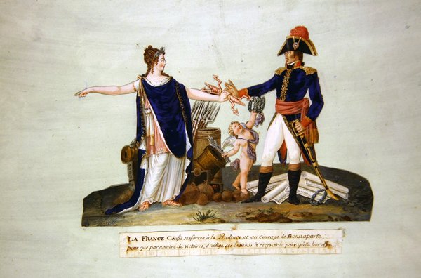 फ्रांस अपनी सेनाओं को प्रूडेंस और बोनापार्ट के साहस को सौंपता है। c.1800 (गौचे) द्वारा पीए और जेबी पाठक