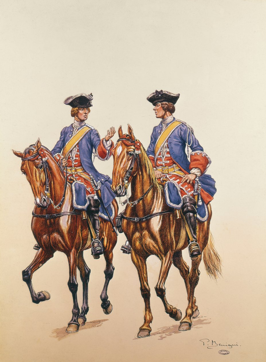 LIle de France की घुड़सवार पुलिस बल के उप सार्जेंट और आर्चर, c.1750 (कागज पर wc) द्वारा पी। बेनिग्नी