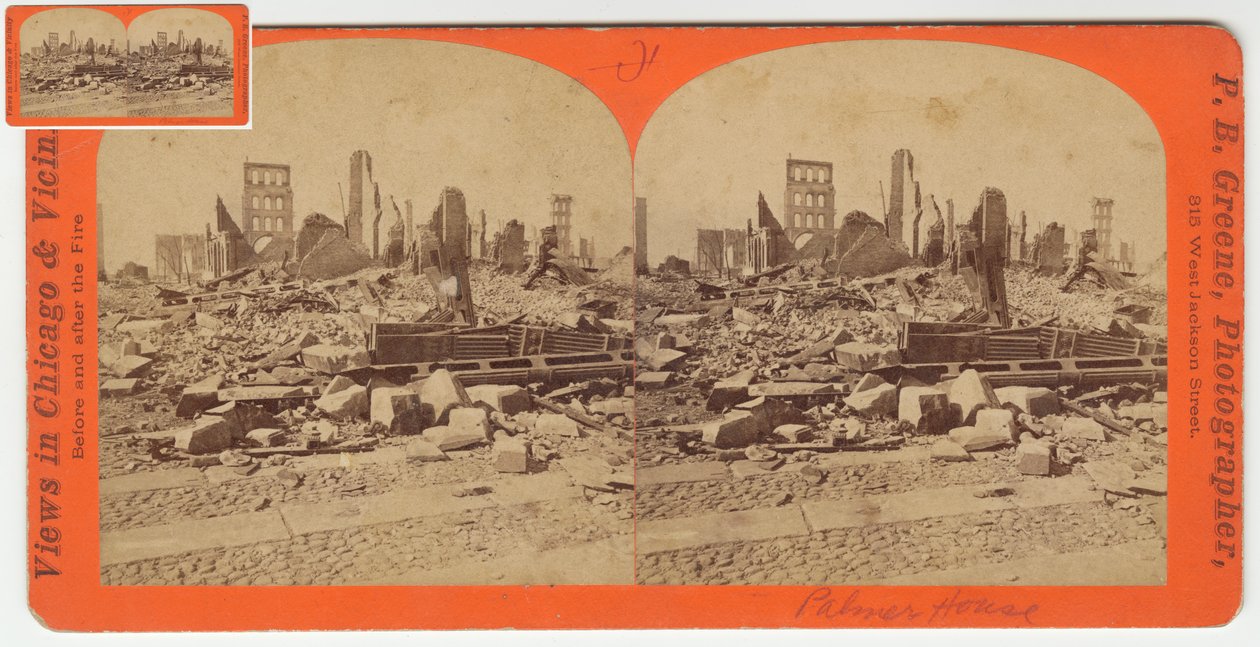 1871, 1871 के शिकागो फायर के बाद पामर हाउस की स्टेरोग्राफ (कार्ड माउंट पर बीडब्ल्यू फोटो) द्वारा पीबी ग्रीन