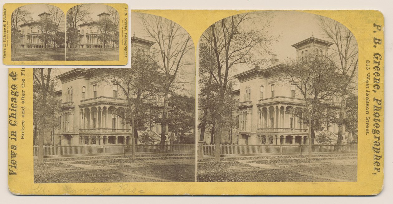 1871, 1871 के शिकागो फायर से पहले रुमसी हाउस की स्टीरियोोग्राफ़ (कार्ड माउंट पर बीडब्ल्यू तस्वीर) द्वारा पीबी ग्रीन
