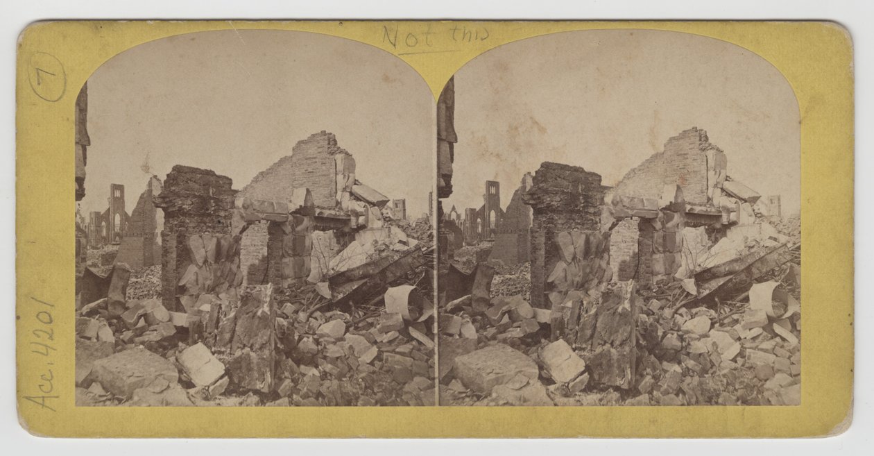 1871 के शिकागो फायर के बाद मिशिगन एवेन्यू पर टेरेस ब्लॉक का स्टैरोग्राफ दृश्य द्वारा पीबी ग्रीन