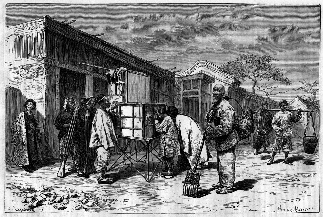 पेकिन (बीजिंग) की गलियों में गतिविधि, 19वीं सदी के डायरमा के साथ। एडौर्ड चार्टन, पेरिस द्वारा संपादित "ले टूर डू मोंडे, नोव्यू जर्नल डेस वॉयेज" में थॉमसन की एक तस्वीर से सेलियर द्वारा एक चित्र से उत्कीर्णन द्वारा पी। (बाद में) सैनिक