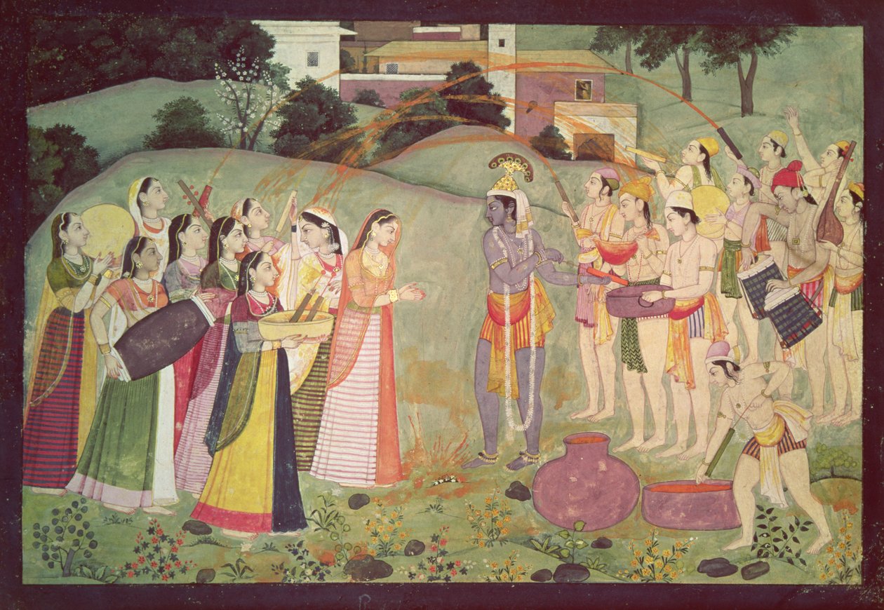 कृष्ण, होली का त्योहार मनाते हुए, कांगड़ा, हिमाचल प्रदेश, c.1775-1780 द्वारा पहाड़ी स्कूल