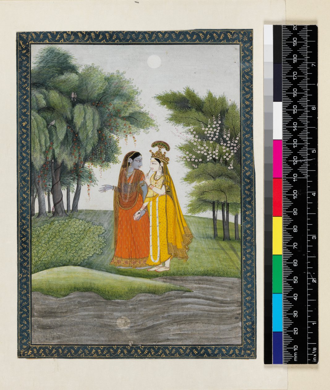 &39;भागवत पुराण&39;, कांगड़ा, हिमाचल प्रदेश, c.1820 से कपड़ों की अदला-बदली करके चांदनी में जुमना से चलते हुए कृष्ण और राधा द्वारा पहाड़ी स्कूल