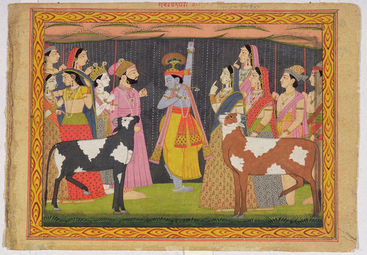 Krishna lifting Mount Govardhana, from the Bhagavata purana, Kulu, Himachal Pradesh, 1749 द्वारा पहाड़ी स्कूल