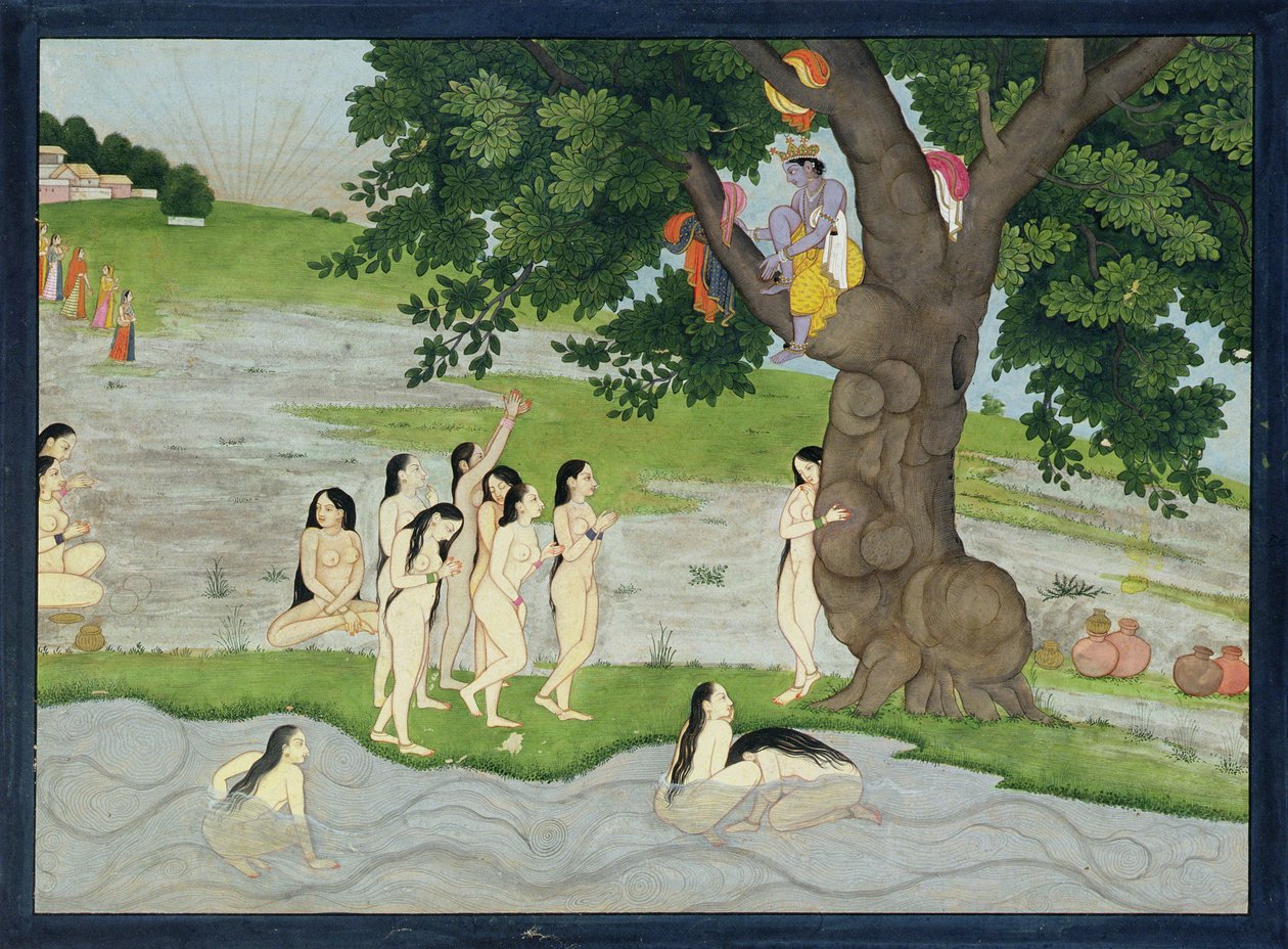 भागवत पुराण, कांगड़ा, हिमाचल प्रदेश, 1780 से कृष्ण गोपियों के कपड़े चुराते हैं द्वारा पहाड़ी स्कूल