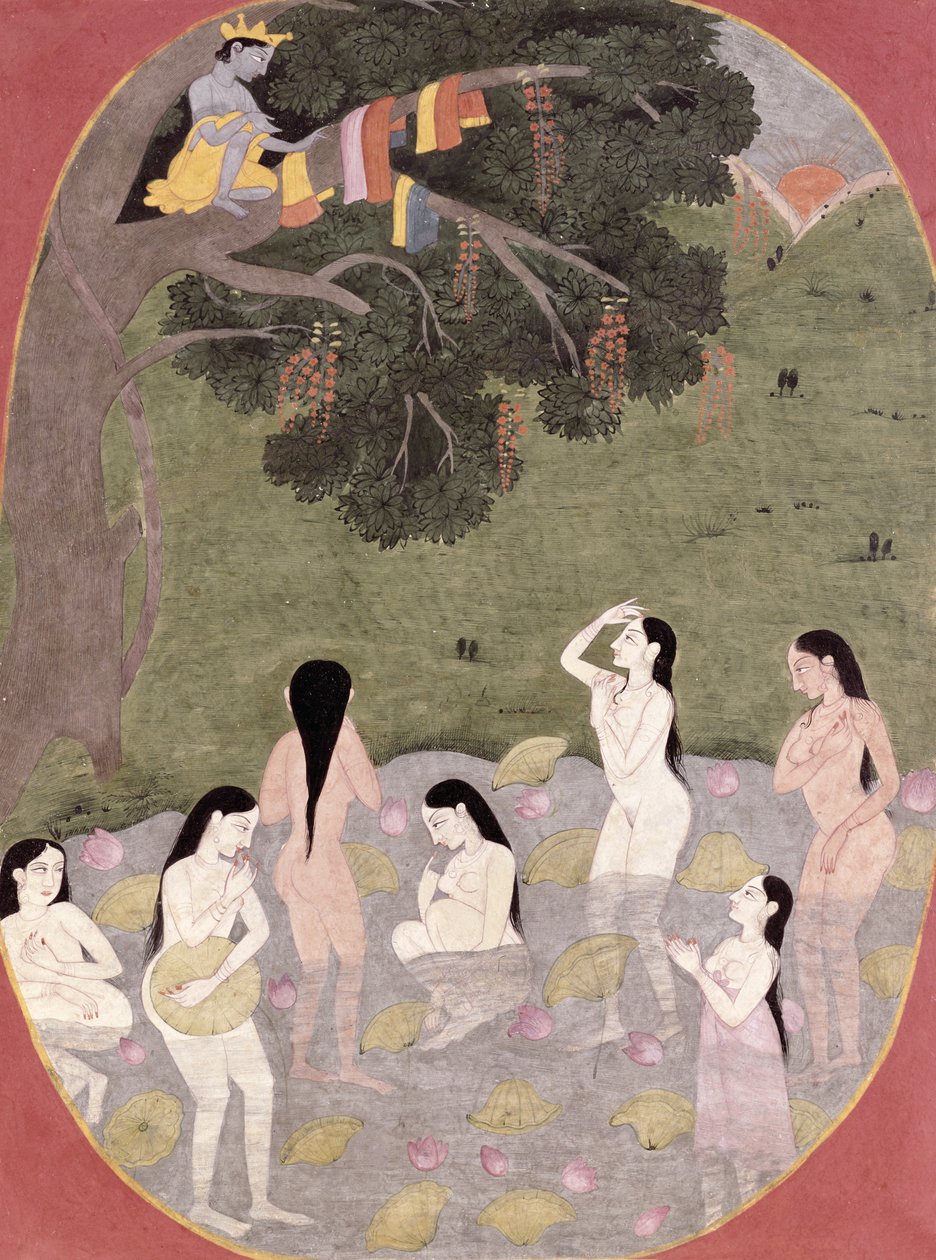 गाय लड़कियों के कपड़ों के साथ कृष्णा, टिहरी-गढ़वाल, c.1820-30 द्वारा पहाड़ी स्कूल