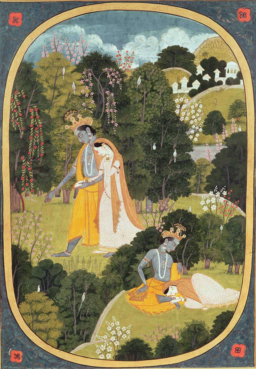 राधा और कृष्ण, एक ग्रोव में घूमते हुए, कांगड़ा, हिमाचल प्रदेश, 1820-25 द्वारा पहाड़ी स्कूल