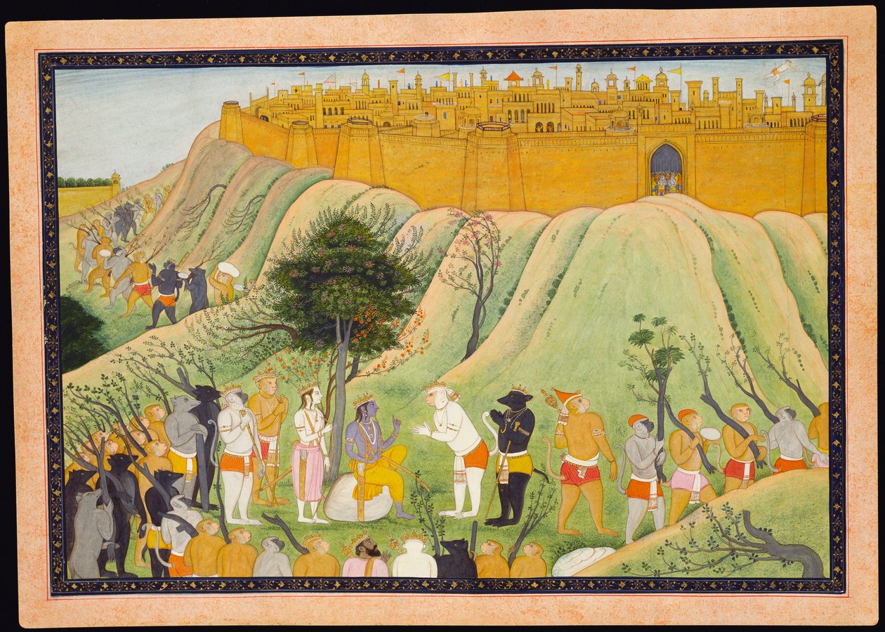 राम और लक्ष्मण, काउंसिल इन द मंकी और भालू सहयोगी, c.1800 द्वारा पहाड़ी स्कूल