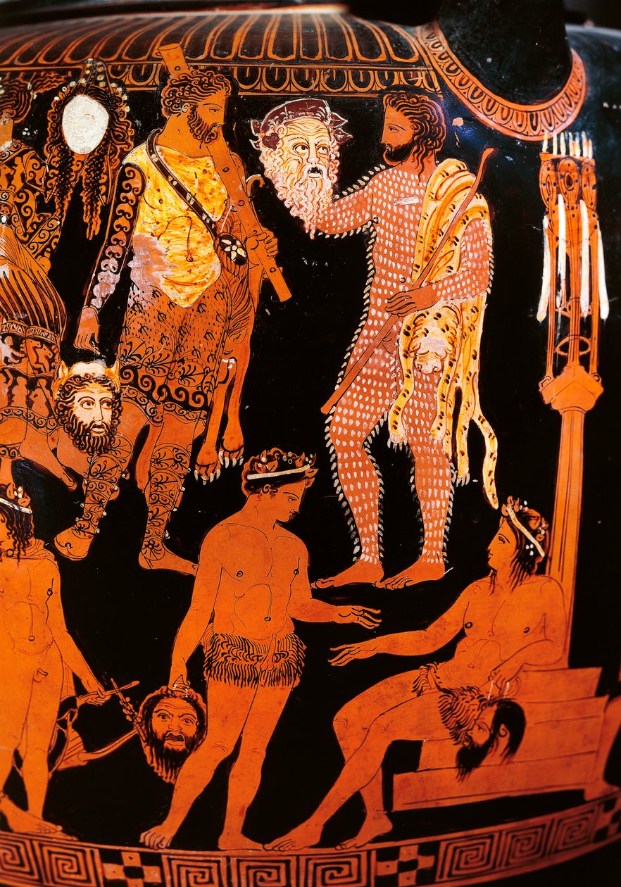 रुवो, c.410 ईसा पूर्व (सिरेमिक) से एक अभिनेता के साथ रेड-फिगर वॉल्यूट क्रेटर, जो अपना मुखौटा पकड़े हुए है द्वारा चित्रकार सर्वनाम